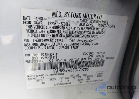 2008 Ford Taurus Limited from USA, damaged, VIN 1FAHP25W68G175286